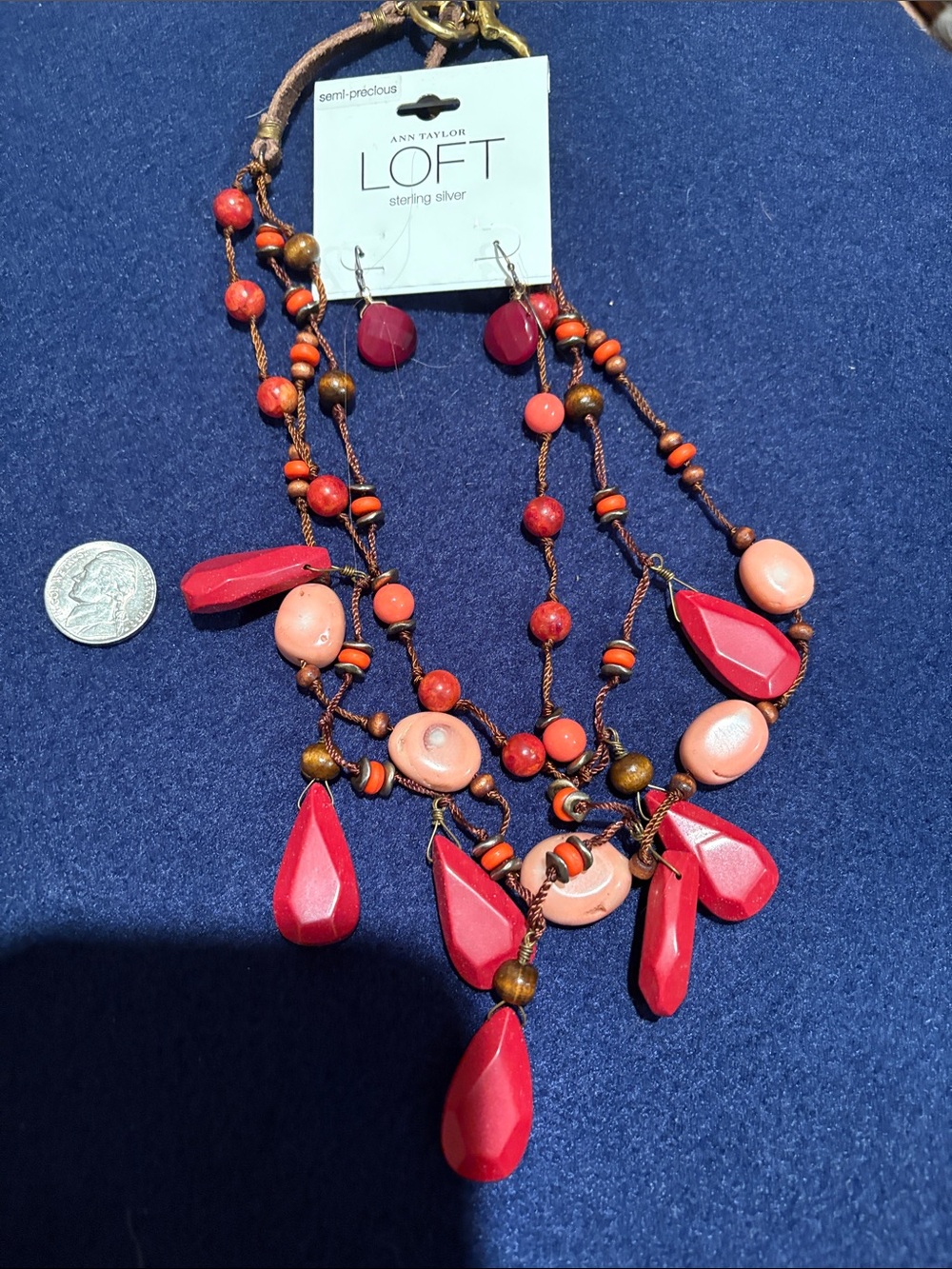 LOFT Red and Coral Multi-Bead Layered Necklace with Matching Earrings
